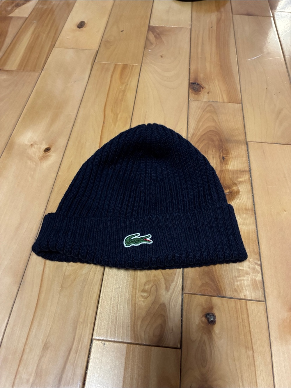 Lacoste Navy Ribbed Cuff Beanie with Green Crocodile Patch